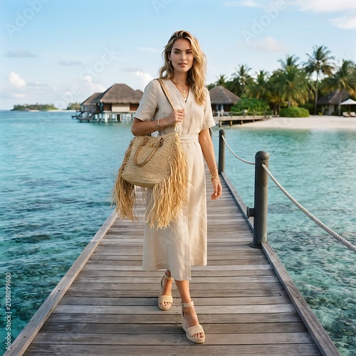 A woman in a beige linen dress walking on a wooden pier over turquoise ocean water at a tropical resort with palm trees in the background