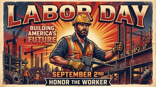 Labor day poster featuring a construction worker with tools in a busy industrial city setting