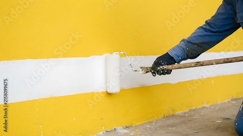 A worker wearing a dark blue shirt and gloves uses a long-handled paint roller to apply a horizontal white stripe onto a bright yellow wall