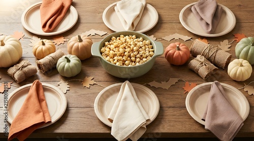 Festive thanksgiving dinner table setting with a large bowl of roasted corn surrounded by decorative pumpkins and napkins