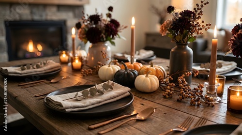 Cozy autumn dining table set for a festive thanksgiving dinner with candles and pumpkins by a warm fireplace