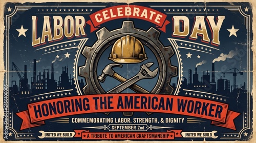 Labor day celebration banner with industrial gear hard hat and tools in a vintage style
