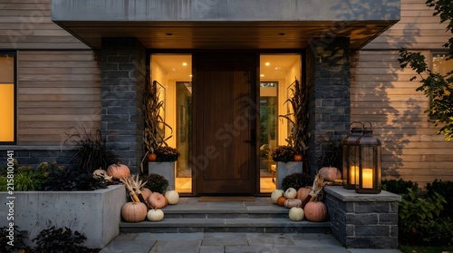 Modern house entrance decorated with pumpkins and lanterns for the autumn season during the evening twilight hours