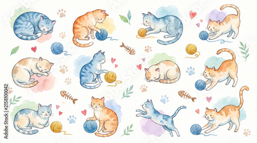 Cute Watercolor Cats Pattern with Colorful Yarn Balls and Fish Skeletons