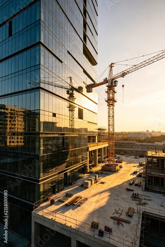Modern Commercial Building Under Construction With Tower Crane at Sunset, Urban Architecture, Real Estate Development and Construction Industry Concept