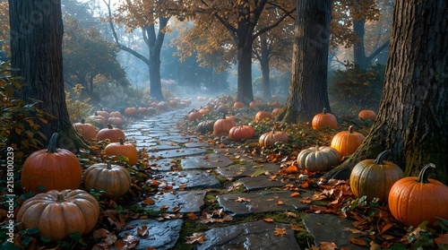 A magical autumn forest path lined with many orange pumpkins and fallen leaves during a misty fall morning