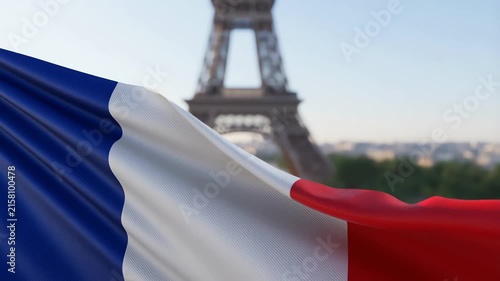 France Flag Waving with Eiffel Tower in Background Patriotic Scene