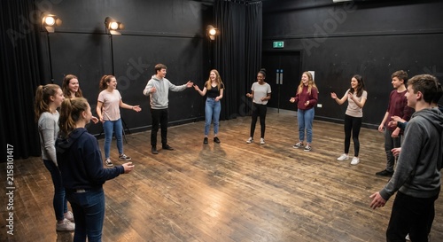 Group of teenage students participating in an acting workshop and performing creative icebreaker exercises in a black box theater rehearsal studio