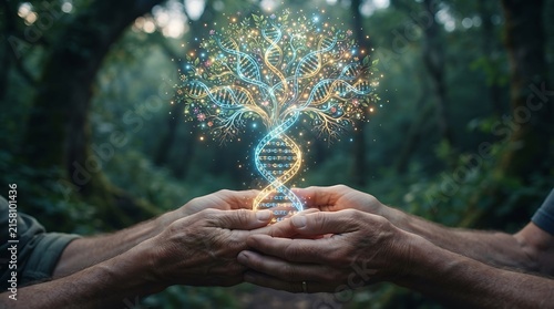 Two pairs of hands hold a glowing, intricate tree of life formed by dna double helix strands in a soft, blurred, natural forest background