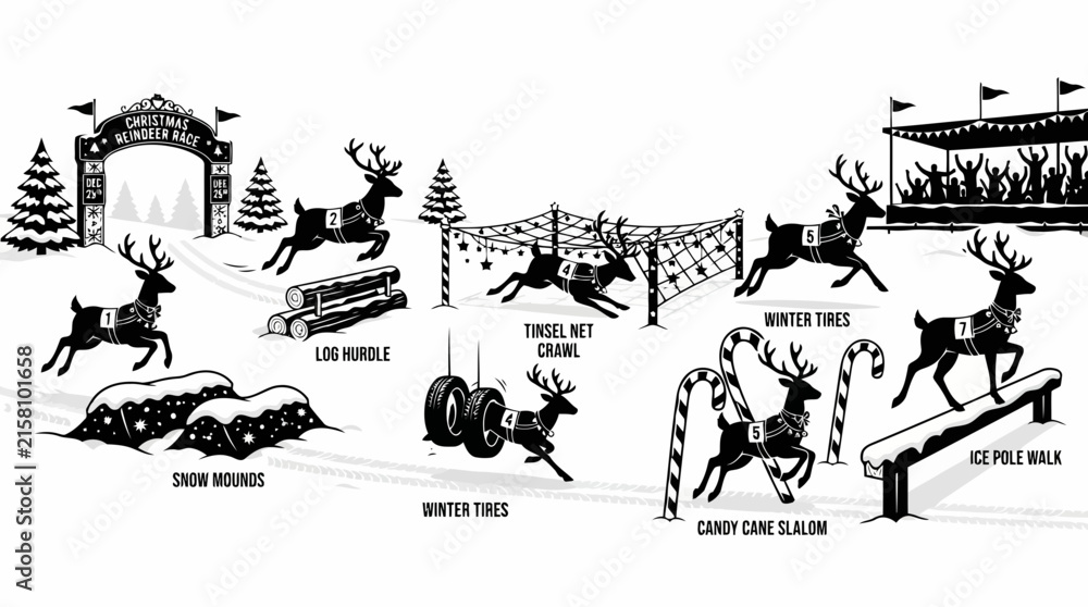 Fototapeta premium Christmas reindeer obstacle race with various winter activities and challenges vector illustration set