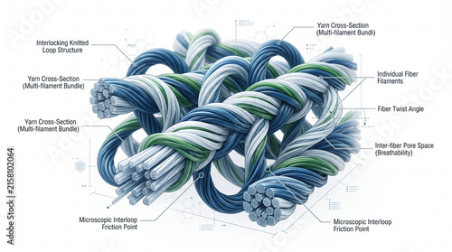 3D scientific diagram of knitted fabric fiber structure with microscopic details