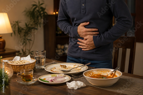 Man standing by dining table holding his stomach in severe abdominal pain after consuming heavy meal with empty plates and spicy Indian dishes nearby