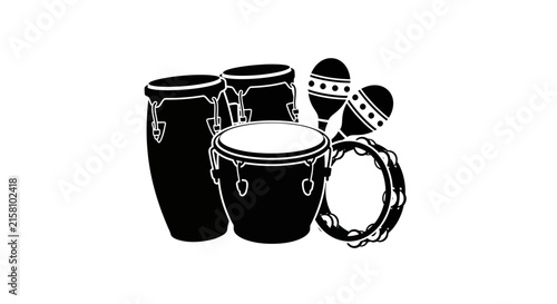 Foto Black and white illustration of musical percussion instruments with tambourine m