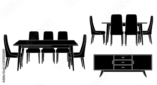 Black silhouettes of dining table sets with dining tables chairs furniture sideboard interior cabinet drawer modern decor icon room