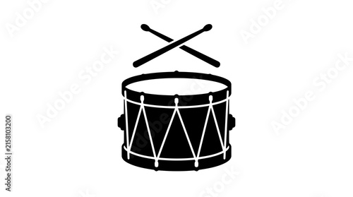 Minimalist black and white vector icon of a snare drum with a pair of crossed drumsticks for music branding design