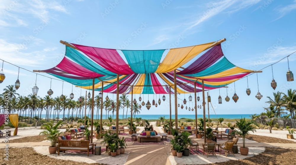Obraz premium Colorful canopy tent setup for a beach event with hanging lanterns