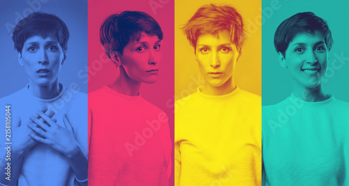 Different emotions collage. Set of young emotional woman. Female different emotions. Facial expressions concept. Trendy color. Female portraits of caucasian model at studio