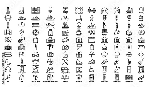 100 New York Urban Architecture Transportation and Tourism Line Icons
