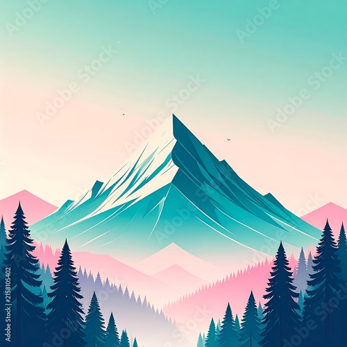 a mountain scene with trees and mountains