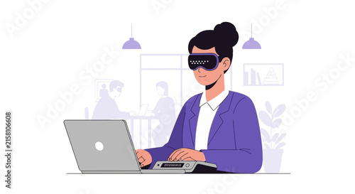 Woman in Business Suit Using VR Headset and Laptop in Modern Office Illustration - Future of Work and Virtual Reality Technology Concept