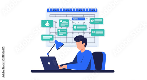 Professional Man Managing Tasks and Schedule on Laptop with Large Calendar Background, Productivity and Project Management Concept Flat Illustration