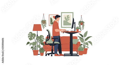 Man Working at a Standing Desk in Modern Home Office with Plants, Remote Work and Ergonomics Concept Flat Vector Illustration