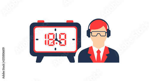 Professional Customer Service Representative with Alarm Clock Illustration - 24/7 Support and Time Management Concept Vector