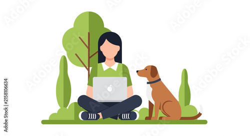 Freelance Woman Working on Laptop Outdoors with Pet Dog in a Park, Flat Vector Illustration Concept