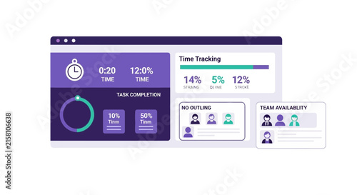 Modern Project Management Dashboard UI with Time Tracking, Data Analytics, Task Completion Charts, and Team Availability Illustration for Business Productivity Software