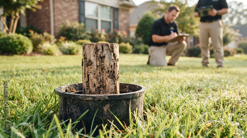 Termite pest control inspection station in yard with two technicians checking residential house property bait station inspection technician professionals property