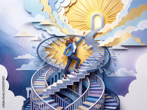 Ambitious Businesswoman Ascending a Paper Art Stairway Towards Radiant Success and New Opportunities