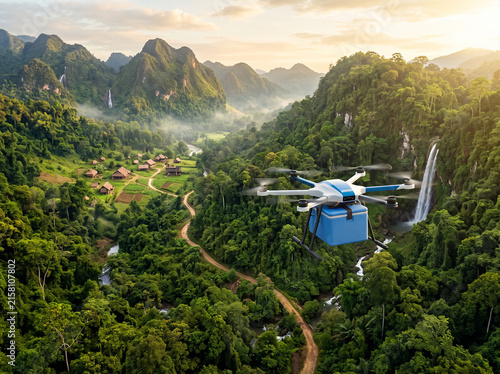 Delivery Drone Carrying Cargo Over a Tropical Mountain Valley with Waterfall