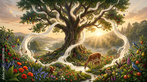 Magical tree of life with glowing rivers flowing through an enchanted forest landscape