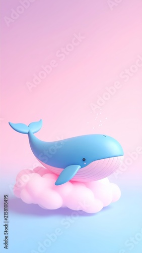 a whale floating on a cloud with a pink background