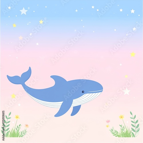 a whale with stars and flowers in the background