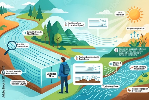 Educational Diagram Explaining Differences Between Laminar and Turbulent Fluid Flow in Natural Ecosystem
