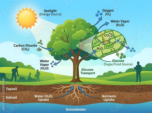 Detailed Educational Diagram of Plant Photosynthesis and Nutrient Cycle within a Green Tree