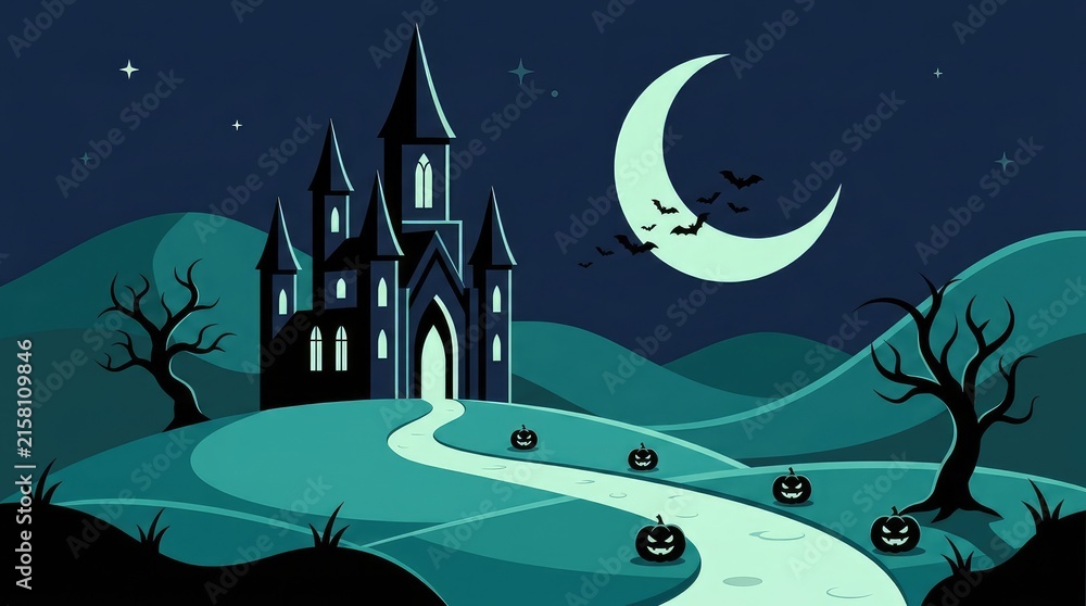 Naklejka premium Spooky haunted castle on a hill with a crescent moon and bare trees in a pixel art style