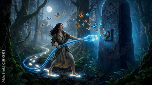 A mysterious forest dweller connects a glowing cable to an ancient stone monolith under a night sky as vibrant flying creatures gather to harness energy from a mystical portal in the dense woods
