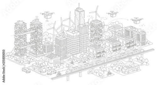 Sustainable Eco City with Green Skyscrapers and Modern Transport