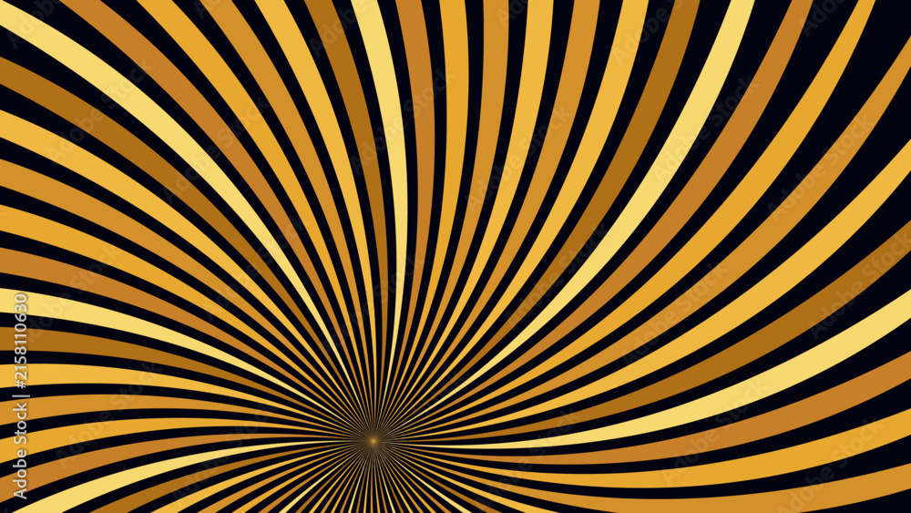 Obraz premium Golden sunburst background with curved rays. Retro spiral sunbeam vector. Luxury gold and black radial swirl pattern for posters.