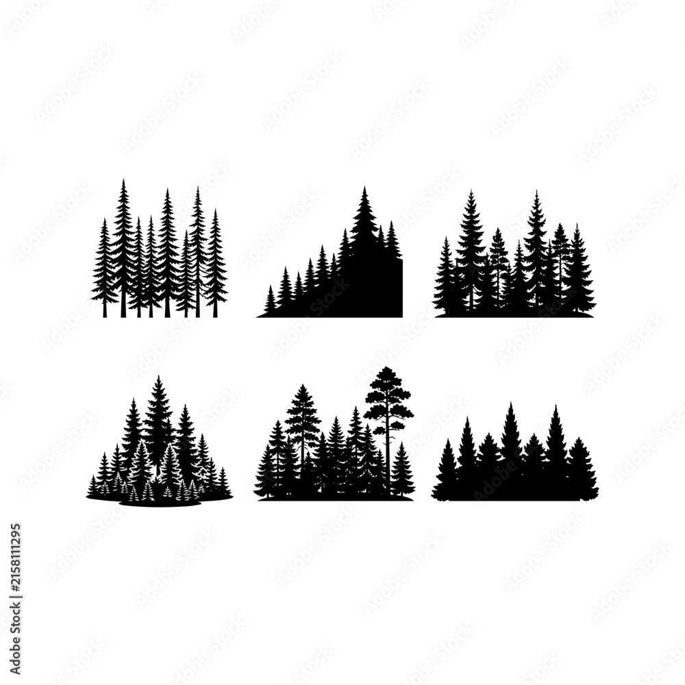 Fototapeta premium Set of black pine tree forest silhouettes isolated on white background for outdoor design elements