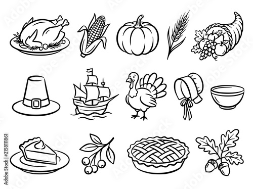 Thanksgiving holiday icon set, hand drawn autumn harvest elements, 14 black and white vector illustrations for seasonal greeting cards