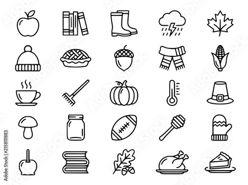 Autumn line icons set, 25 fall season vector elements, minimalist thanksgiving and harvest symbols for web design