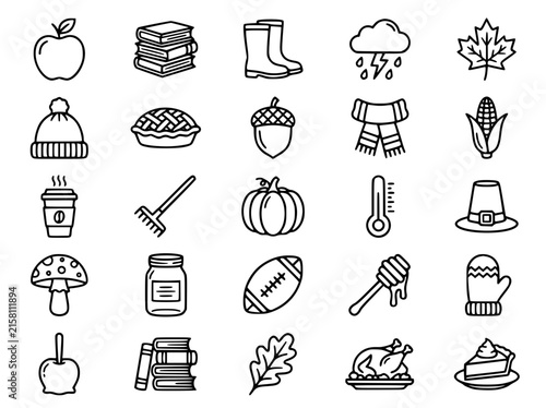 Autumn line icon set, 25 fall season vector elements, minimalist thanksgiving and harvest symbols for web design