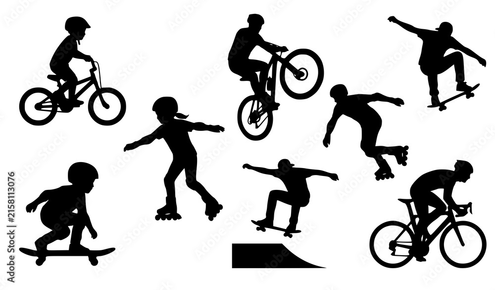 Fototapeta premium Black Extreme Sports Silhouette Set Featuring BMX Riders, Skateboarders, and Rollerbladers Performing Freestyle Tricks and Athletic Movements