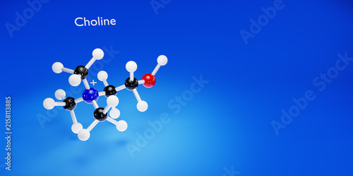 Molecule of Choline. Chemicals, micro and macronutrients. Periodic table of Mendeleev. Microelements necessary for humans. 3d render.