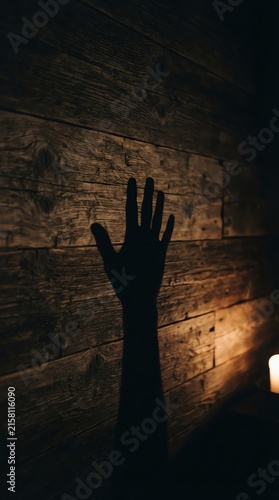 Dark Mysterious Hand Silhouette Against Brick Wall.