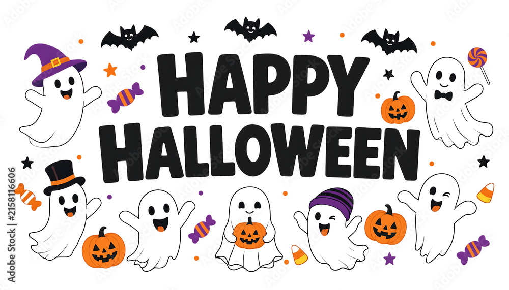 Naklejka premium Cute Happy Halloween Banner with Dancing Ghosts, Pumpkins, and Candy