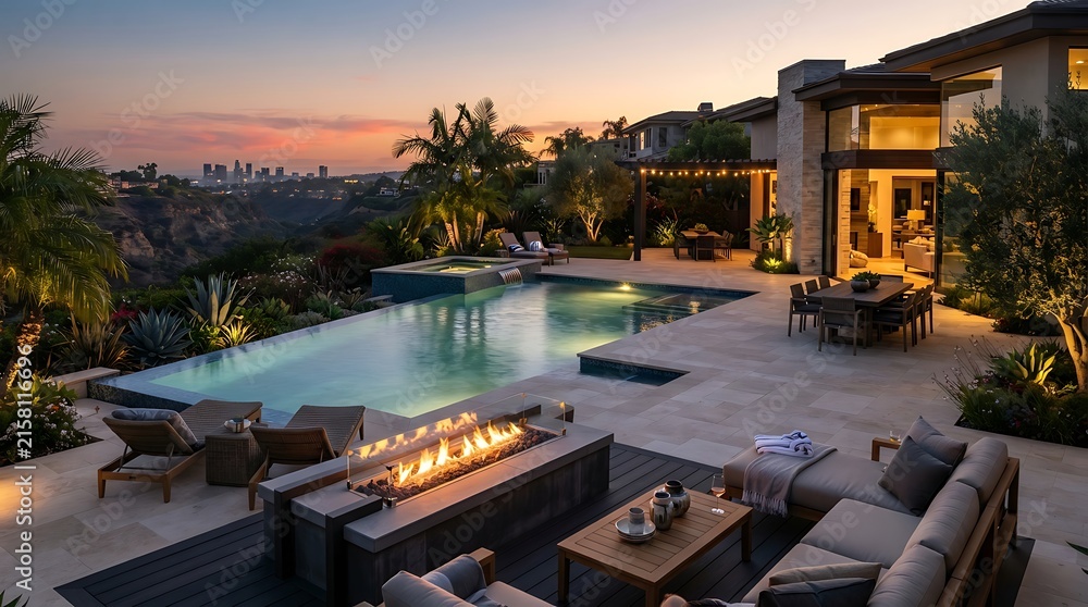 Fototapeta premium Luxury backyard patio with infinity pool and fire pit at sunset overlooking city skyline